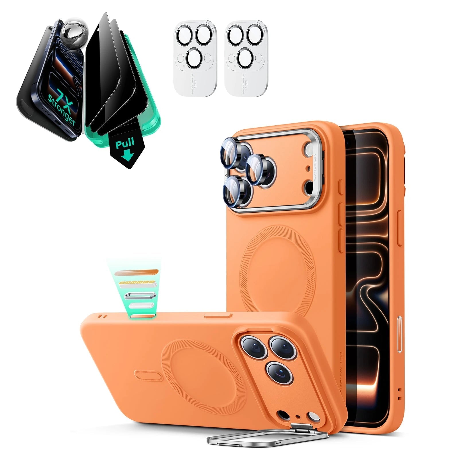 iPhone 17 Pro Cloud Soft Magsafe Case With Stand and Privacy Screen Protector Bundle Orange