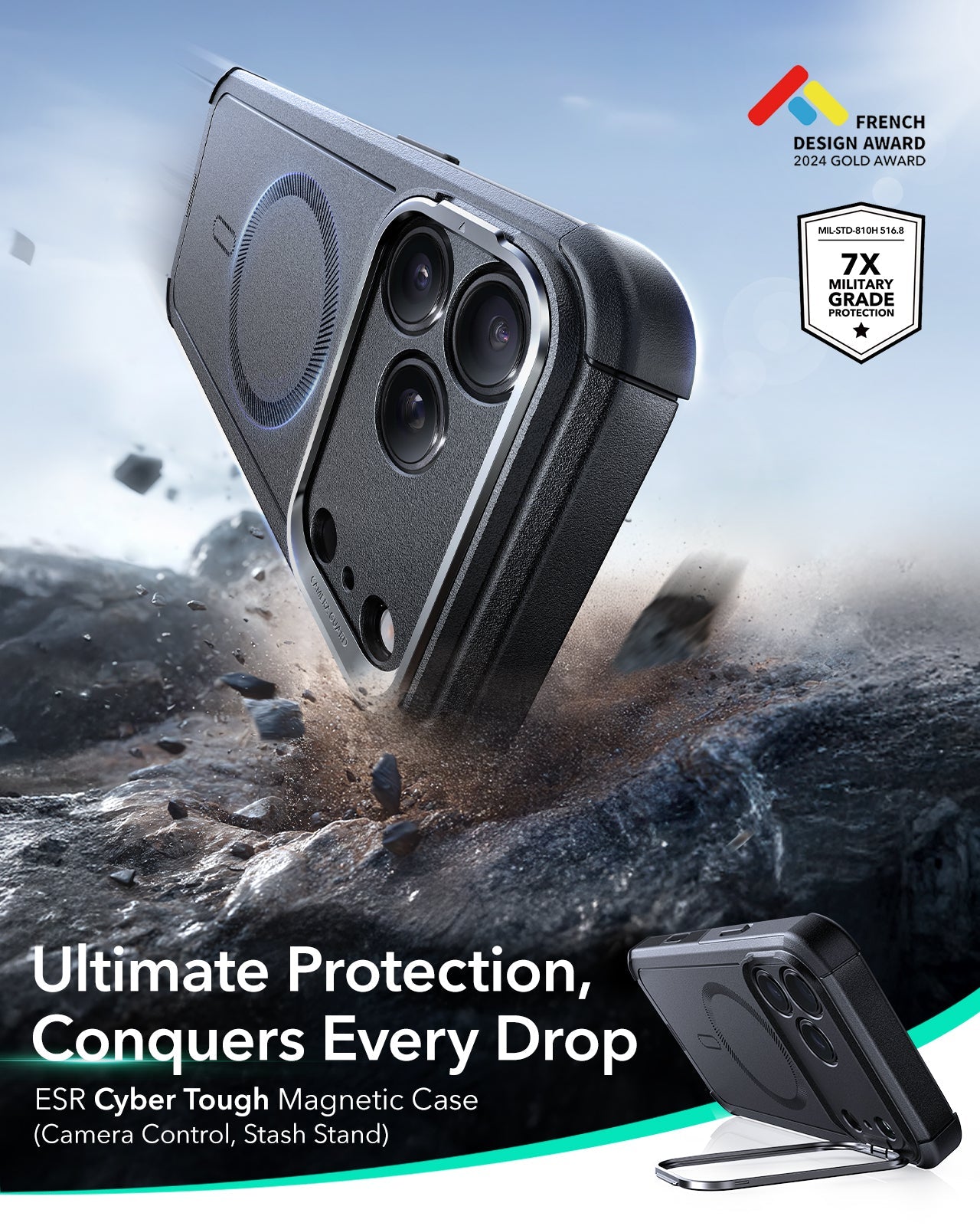 ESR iPhone 17 Pro Cyber Tough Magsafe Case with Stand and Camera Control Black