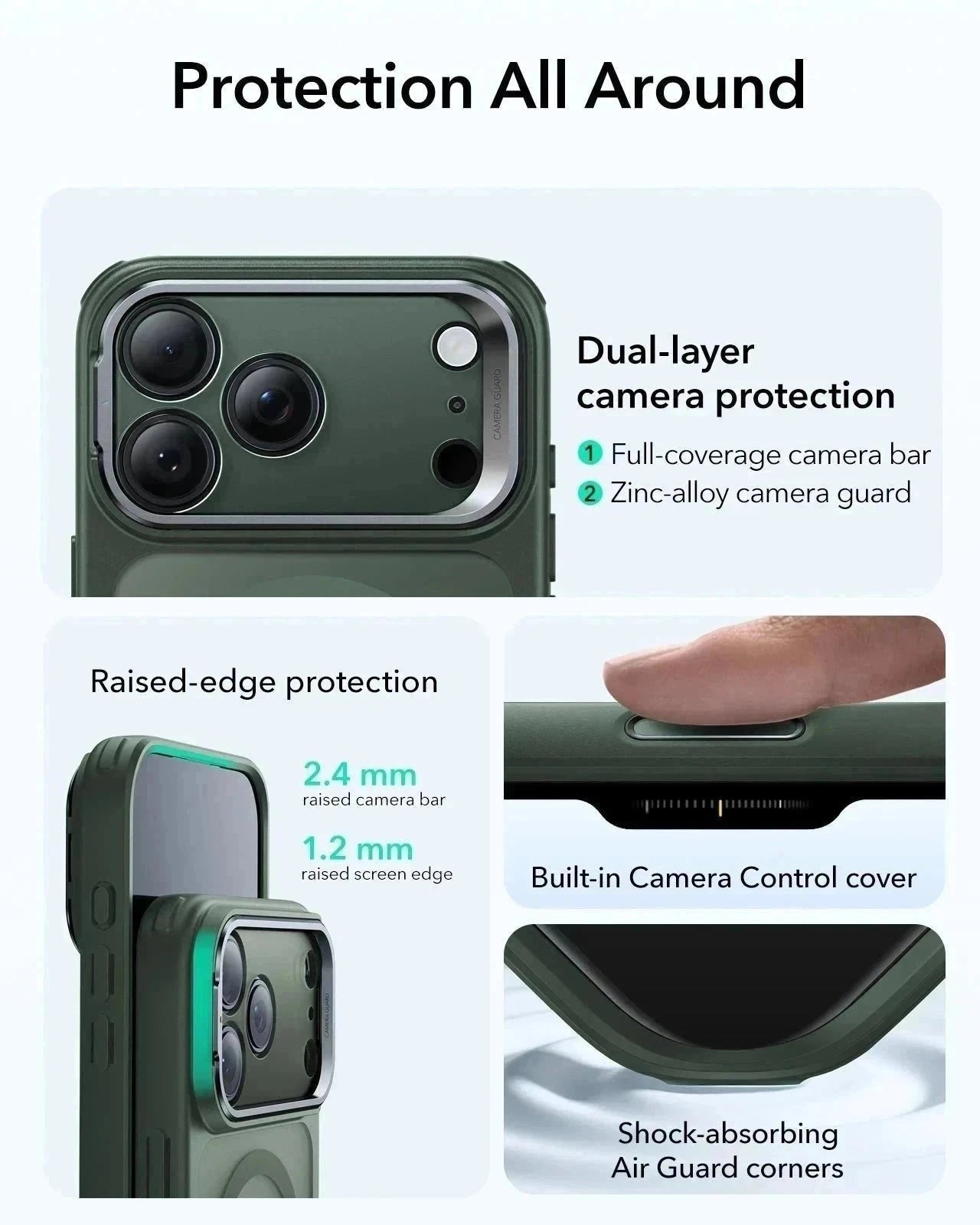 ESR iPhone 17 Pro Max Classic Hybrid Magsafe Case with Stand Camera Control Frosted Green Raised Edge Protection