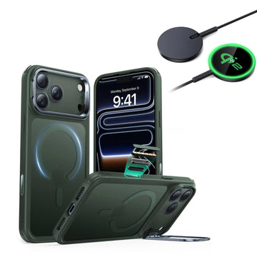 iPhone 17 Pro Max Classic Hybrid Magsafe Case With Stand and Qi2 Wireless Charger Frosted Green