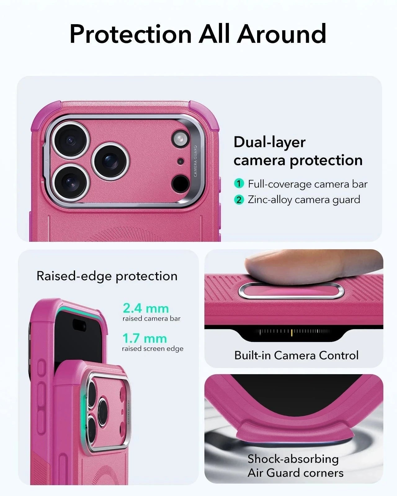 ESR Pink  iPhone 17 Pro Max Raised Edge Protection :Cyber Tough Magsafe Case with Stand