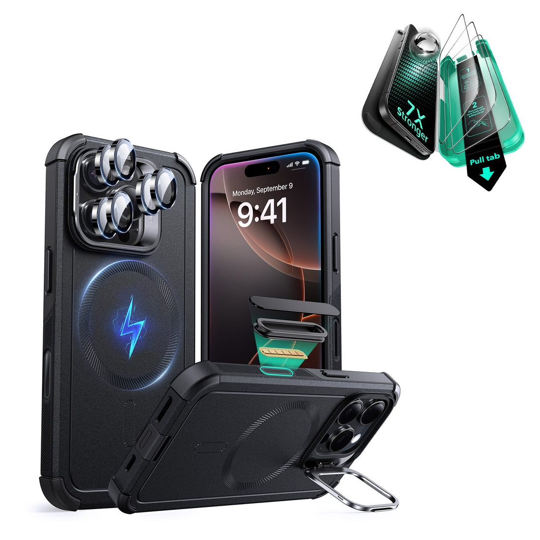 iPhone 16 Pro Max Cyber Tough Magnetic Case Protection Bundle (Camera Control, Stash Stand) - Black ESR ESR
