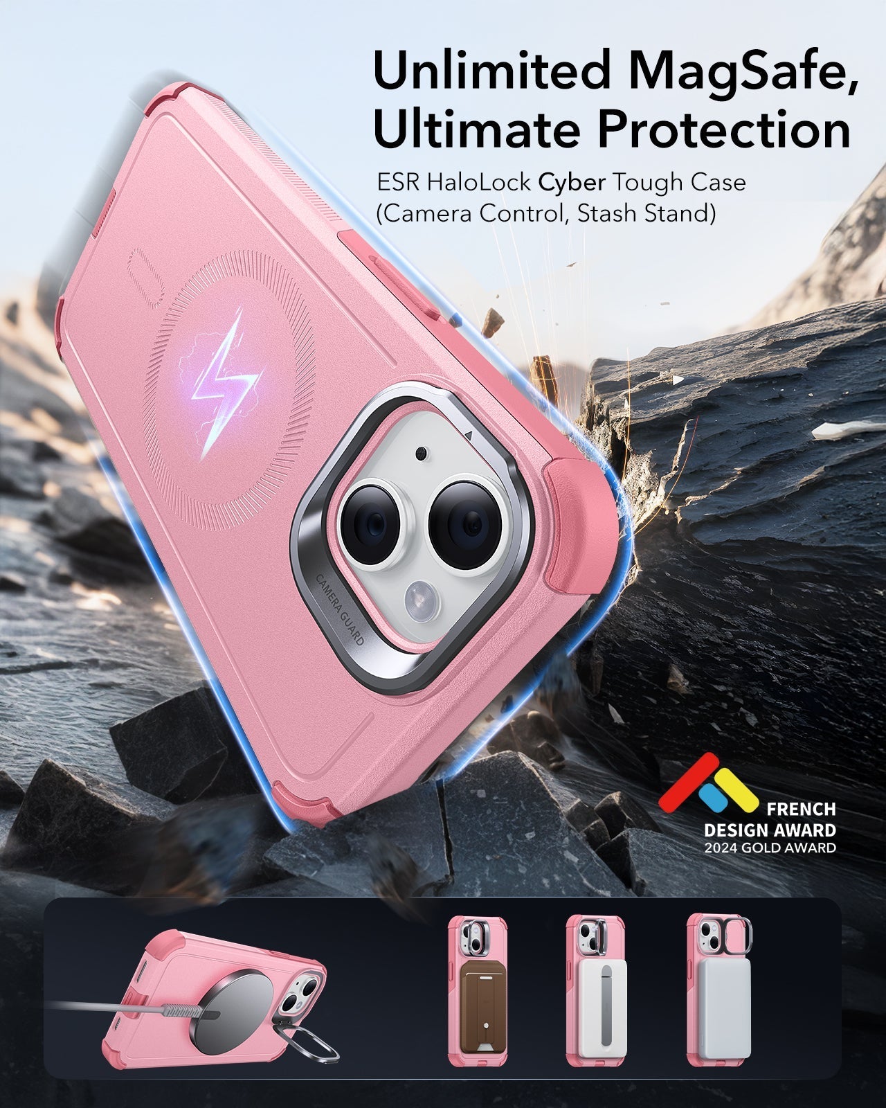 iPhone 14/13 Cyber Tough Magnetic Case (Stash Stand) - Pink ESR ESR