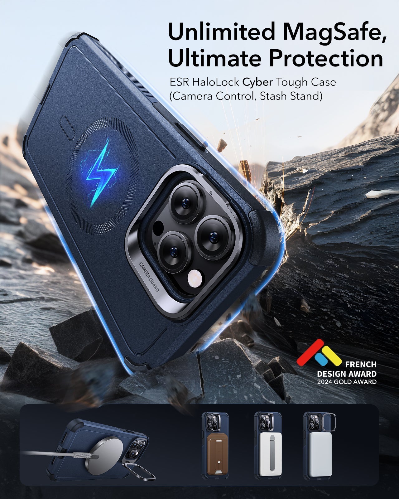 iPhone 14 Pro Max Cyber Tough Magnetic Case (Stash Stand) - Dark Blue ESR ESR