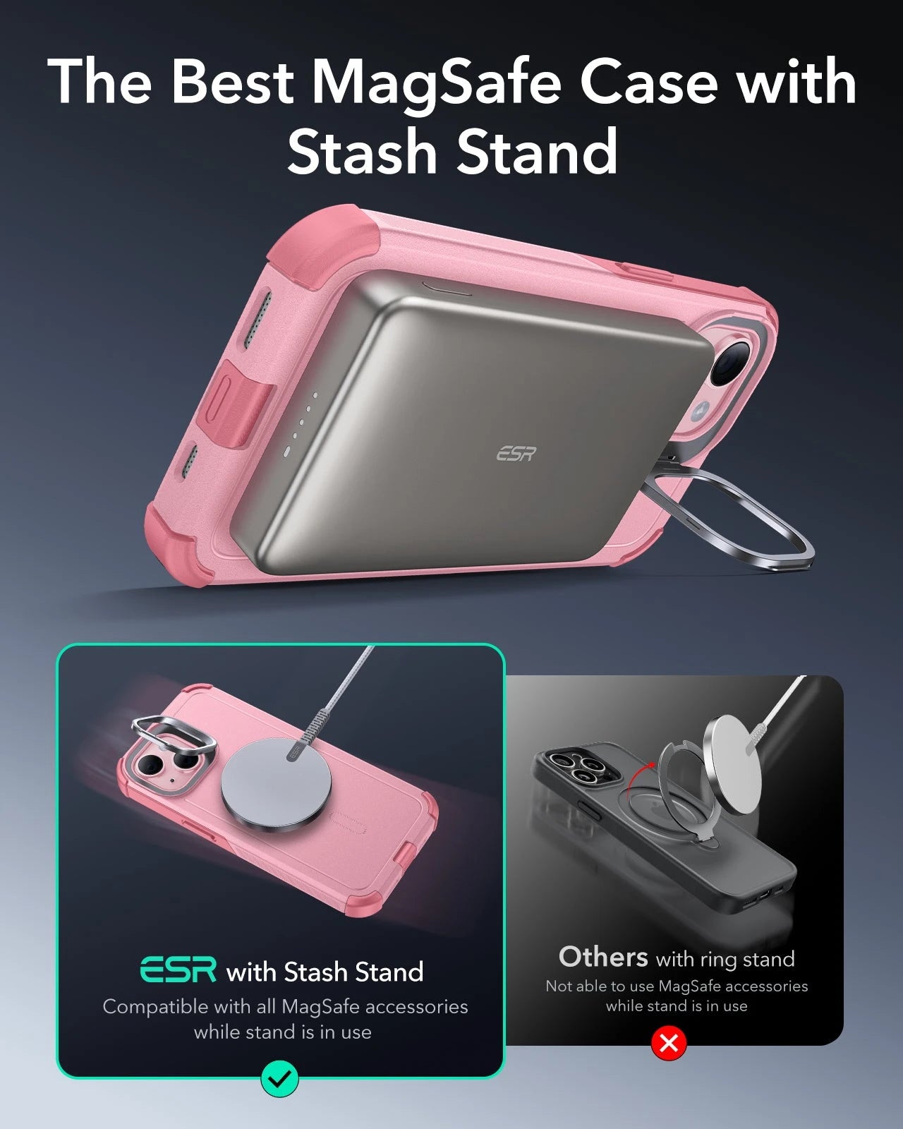 iPhone 15 Cyber Tough Case with Stash Stand (HaloLock) - Pink ESR ESR