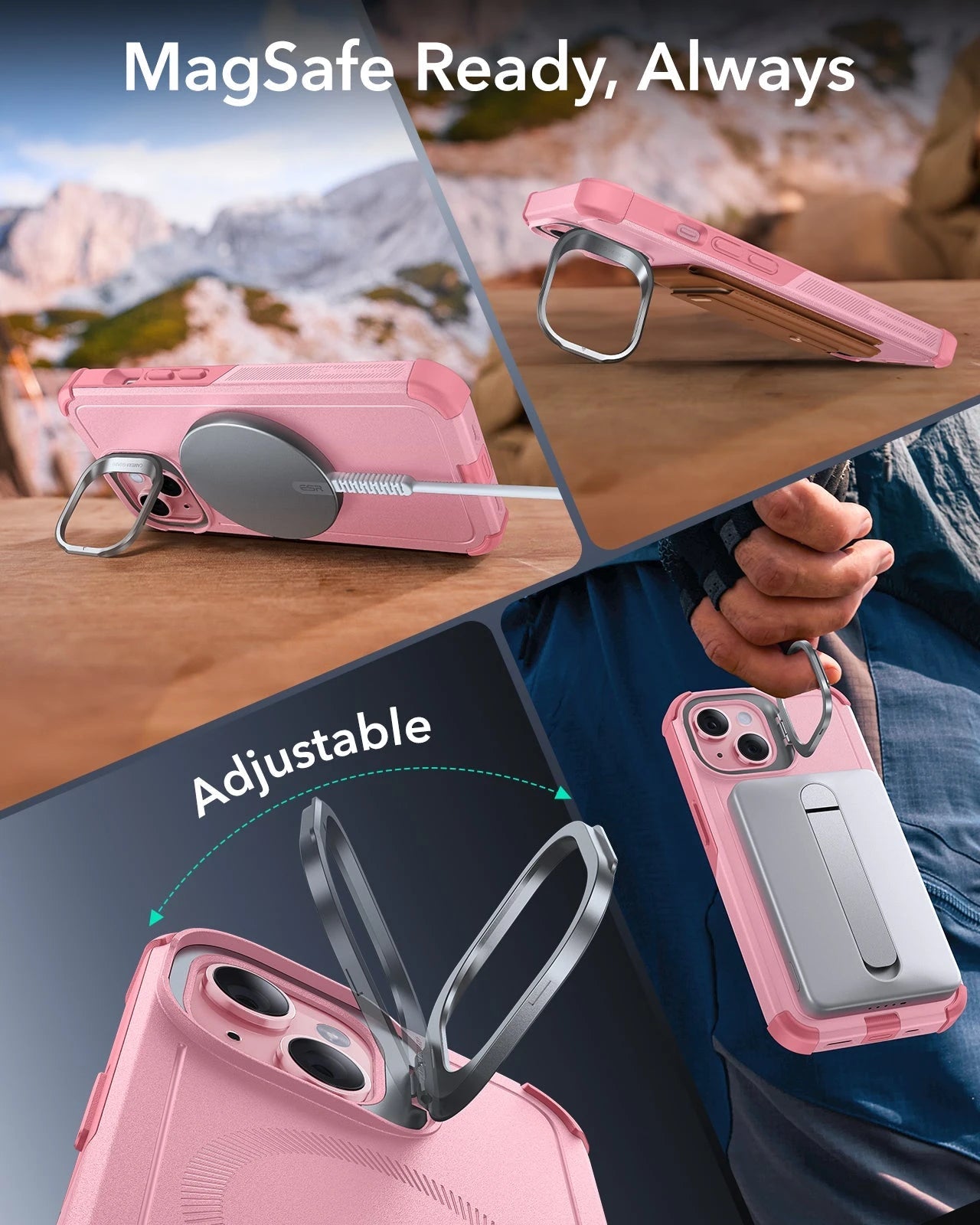 iPhone 15 Cyber Tough Case with Stash Stand (HaloLock) - Pink ESR ESR