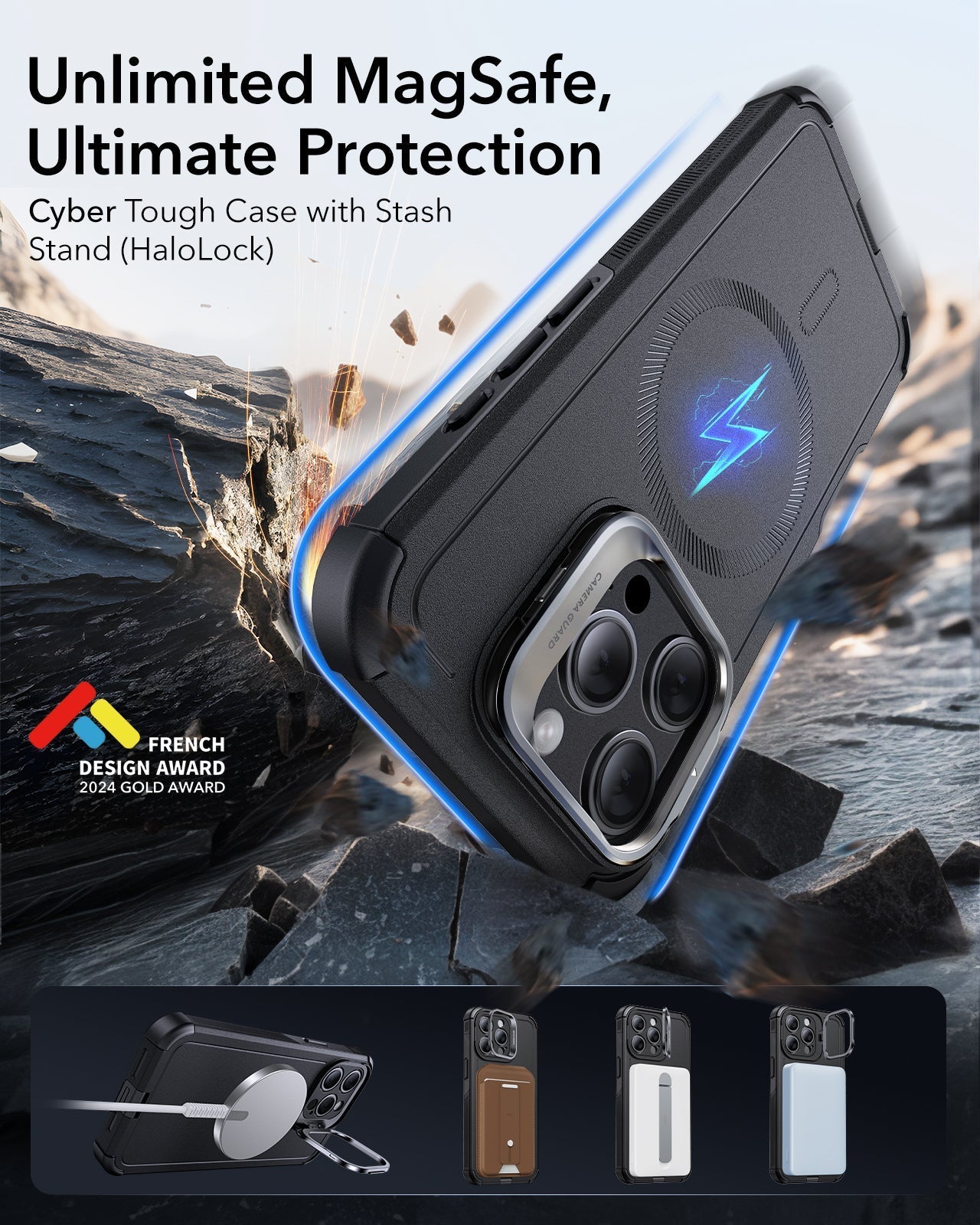 iPhone 15 Pro Cyber Tough Case with Stash Stand (HaloLock) - Black ESR ESR