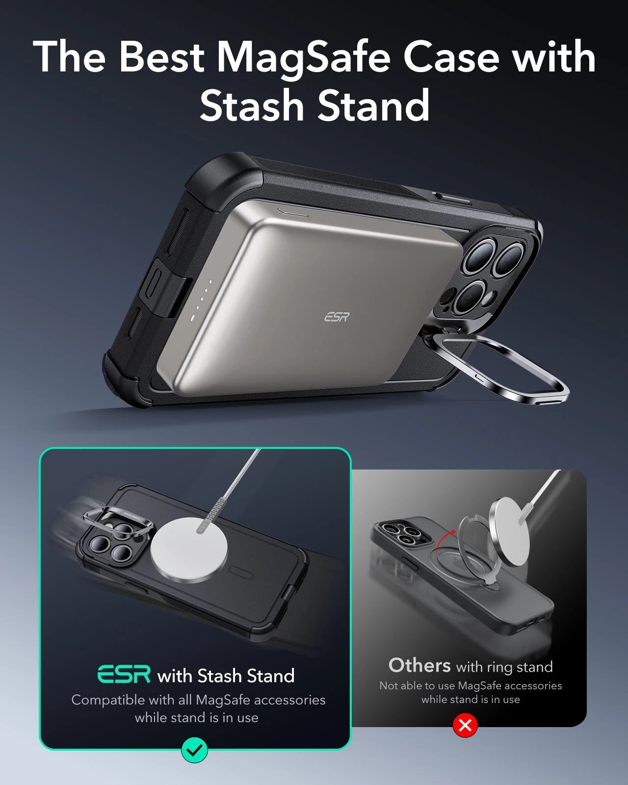 iPhone 15 Pro Cyber Tough Case with Stash Stand (HaloLock) - Black ESR ESR