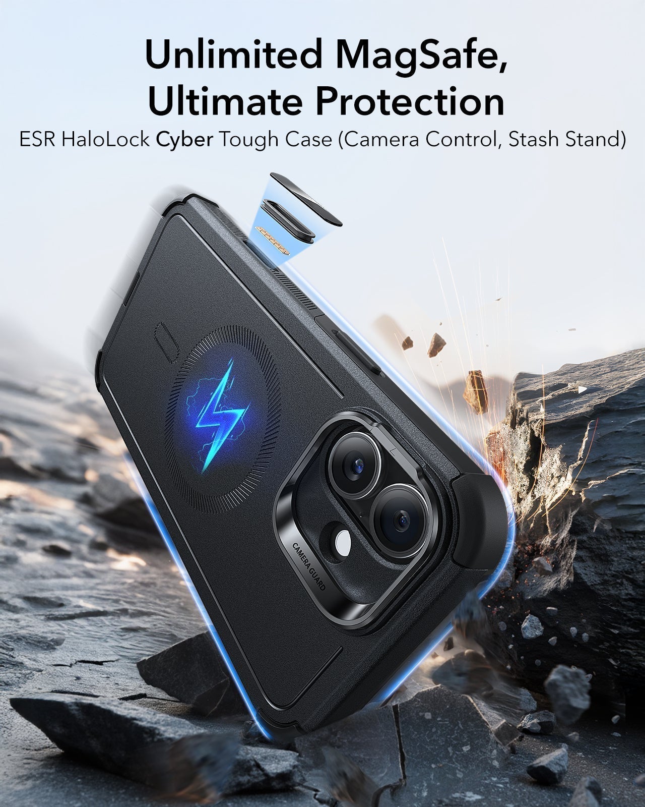 iPhone 16 Cyber Tough Magnetic Case Privacy Protection Bundle (Camera Control, Stash Stand) - Black ESR ESR