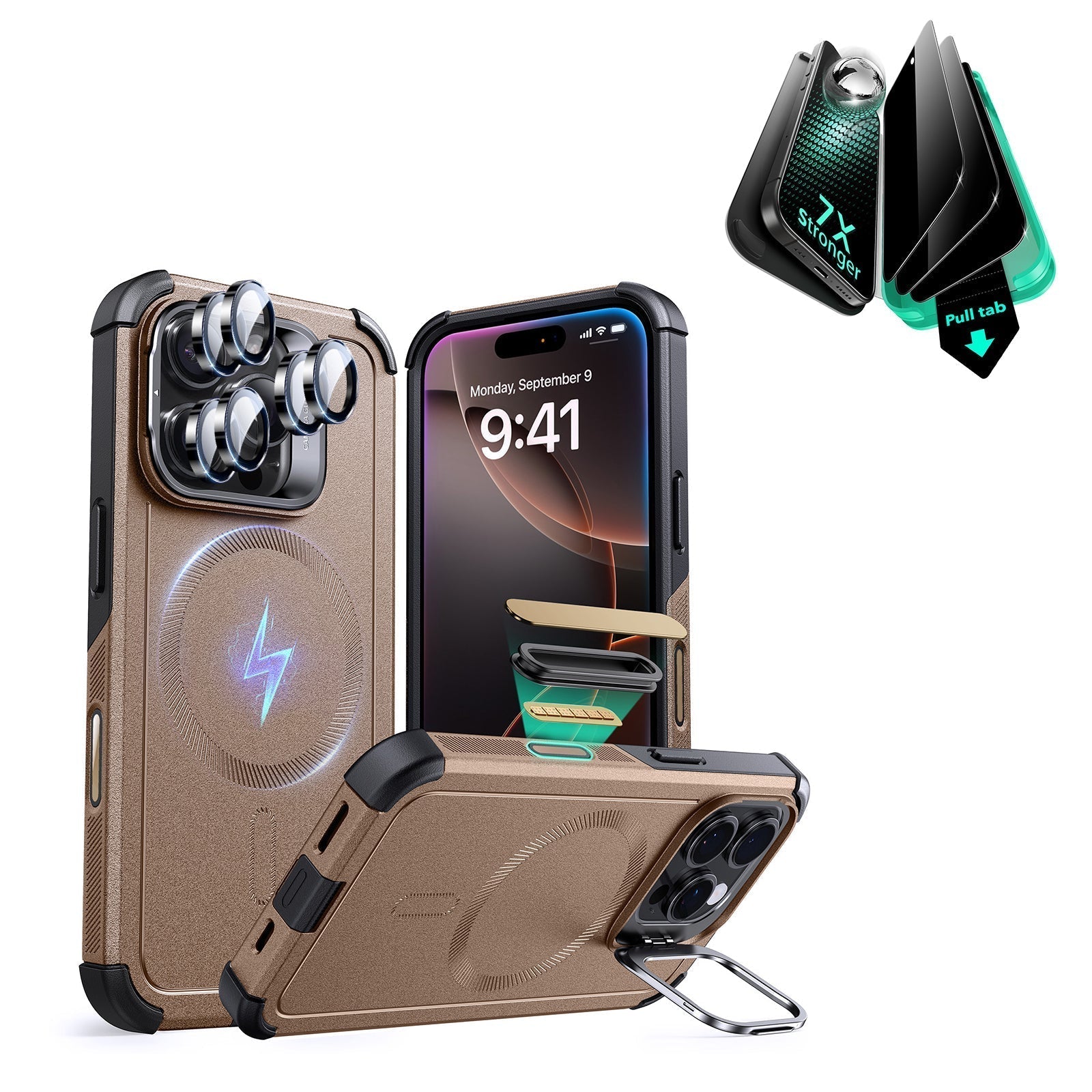 iPhone 16 Pro Cyber Tough Magnetic Case Privacy Protection Bundle (Camera Control, Stash Stand) - Desert Titanium(副本) ESR ESR