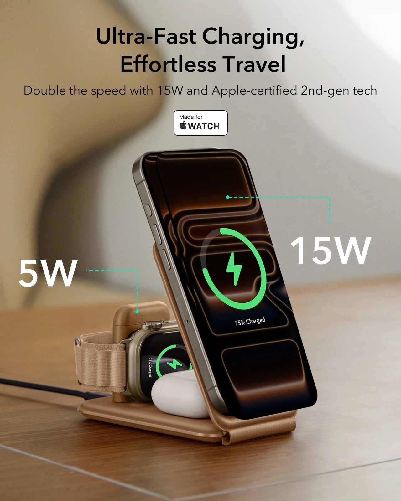 15W 3-in-1 Travel Wireless Charging Set - Brown - EU Plug ESR ESR