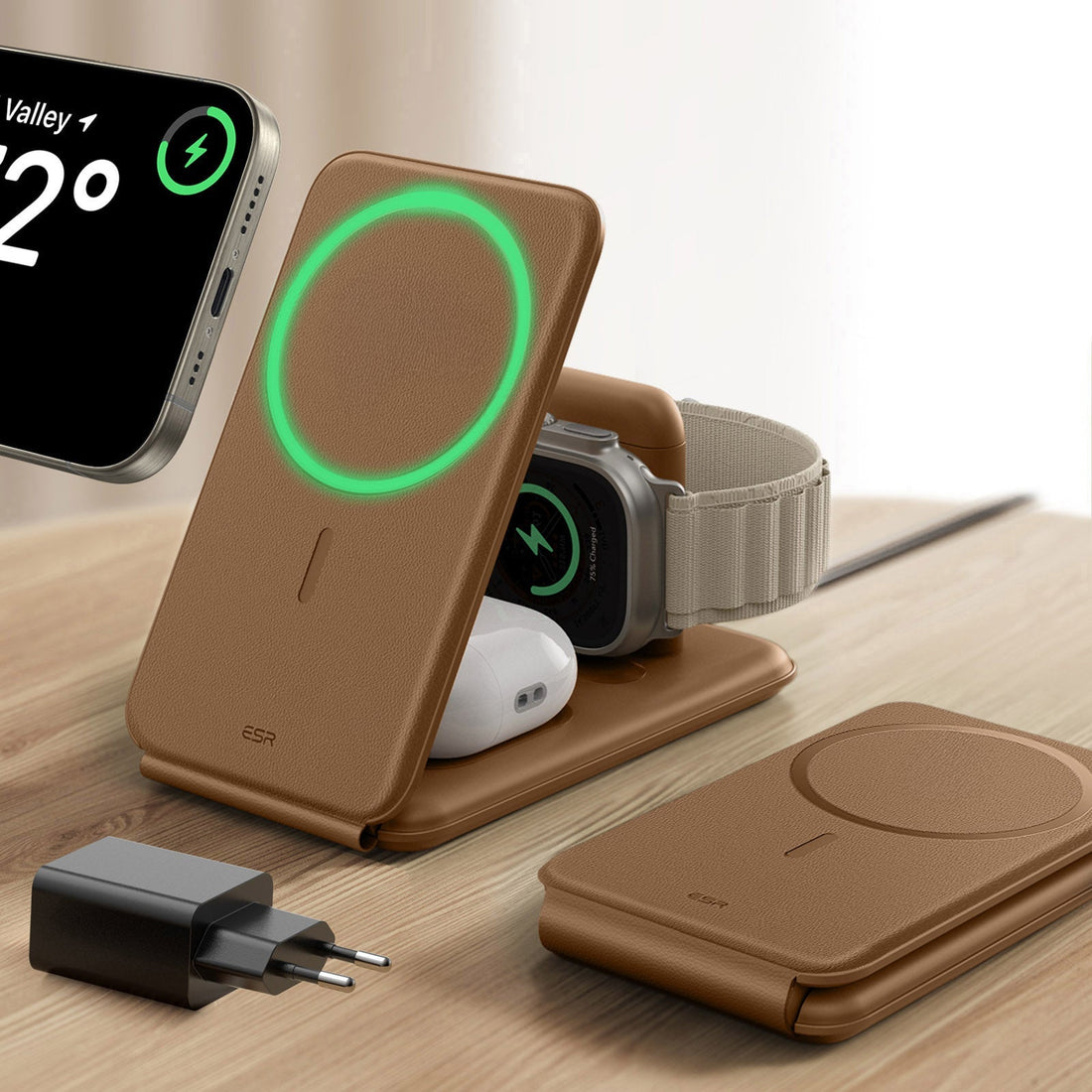 15W 3-in-1 Travel Wireless Charging Set - Brown - EU Plug ESR ESR