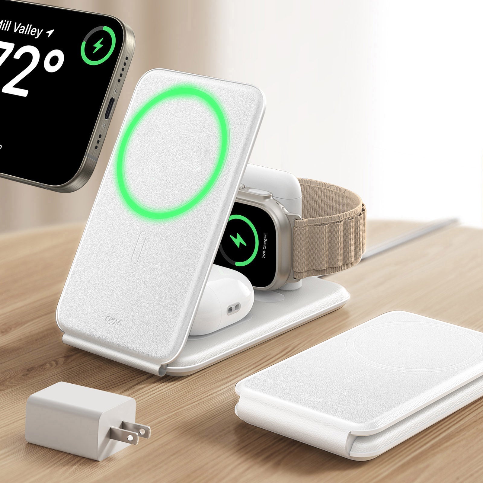 15W 3-in-1 Travel Wireless Charging Set - White - US Plug ESR ESR