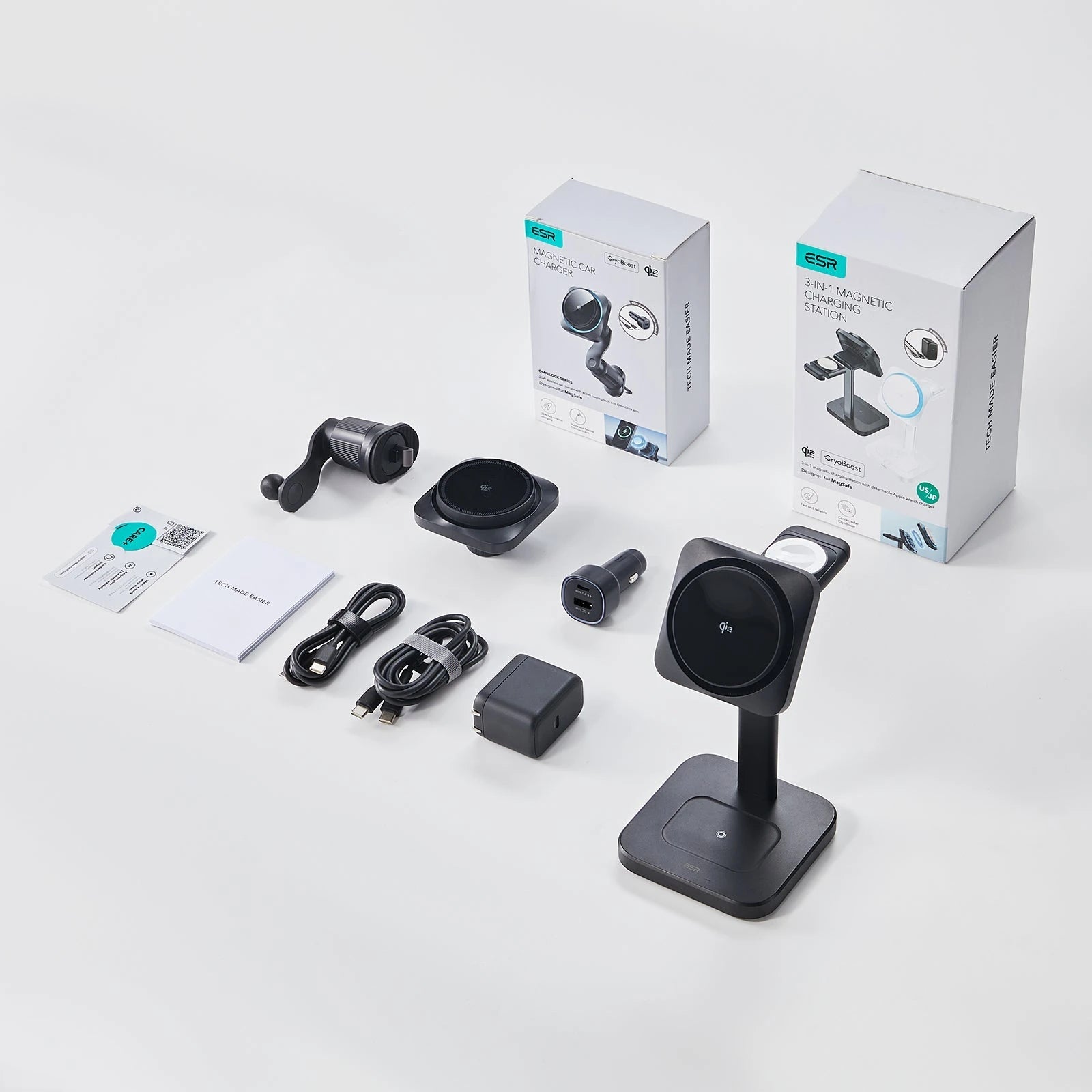 15W 3-in-1 Wireless Charging Station with CryoBoost (HaloLock) & Car Charger (Air Vent)  Bundle - Black - US Plug