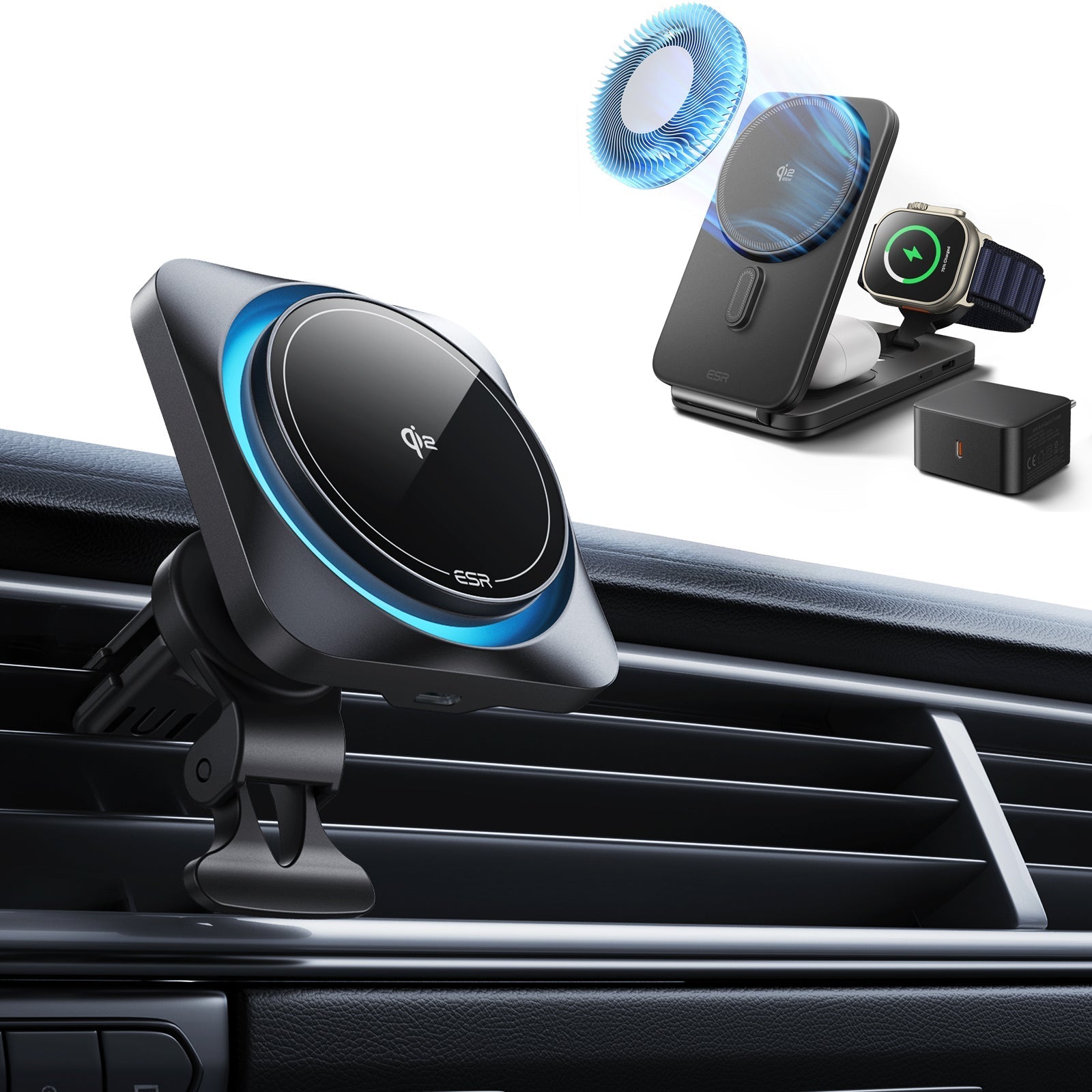 15W CryoBoost Car Charger and 25W Foldable 3-in-1 Charger Bundle - EU Plug–Black