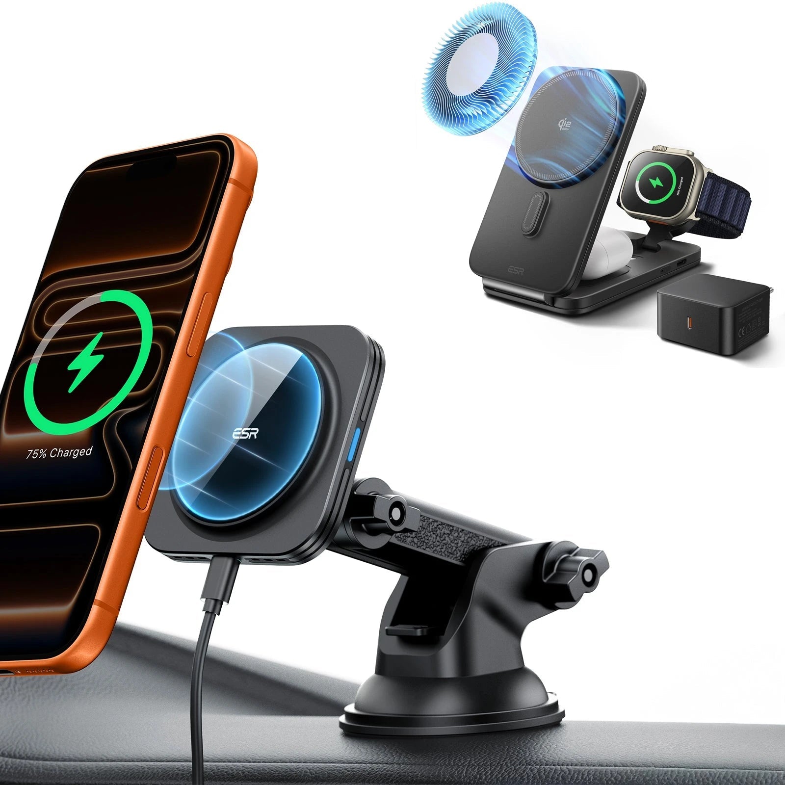 15W Dashboard Wireless Car Charger and 25W CryoBoost Foldable 3-in-1 Charger Bundle - EU Plug–Black