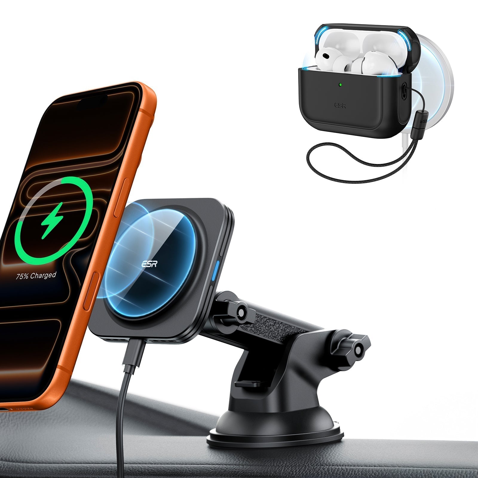 15W Dashboard Wireless Car Charger and AirPods Pro 3 Orbit Case Bundle