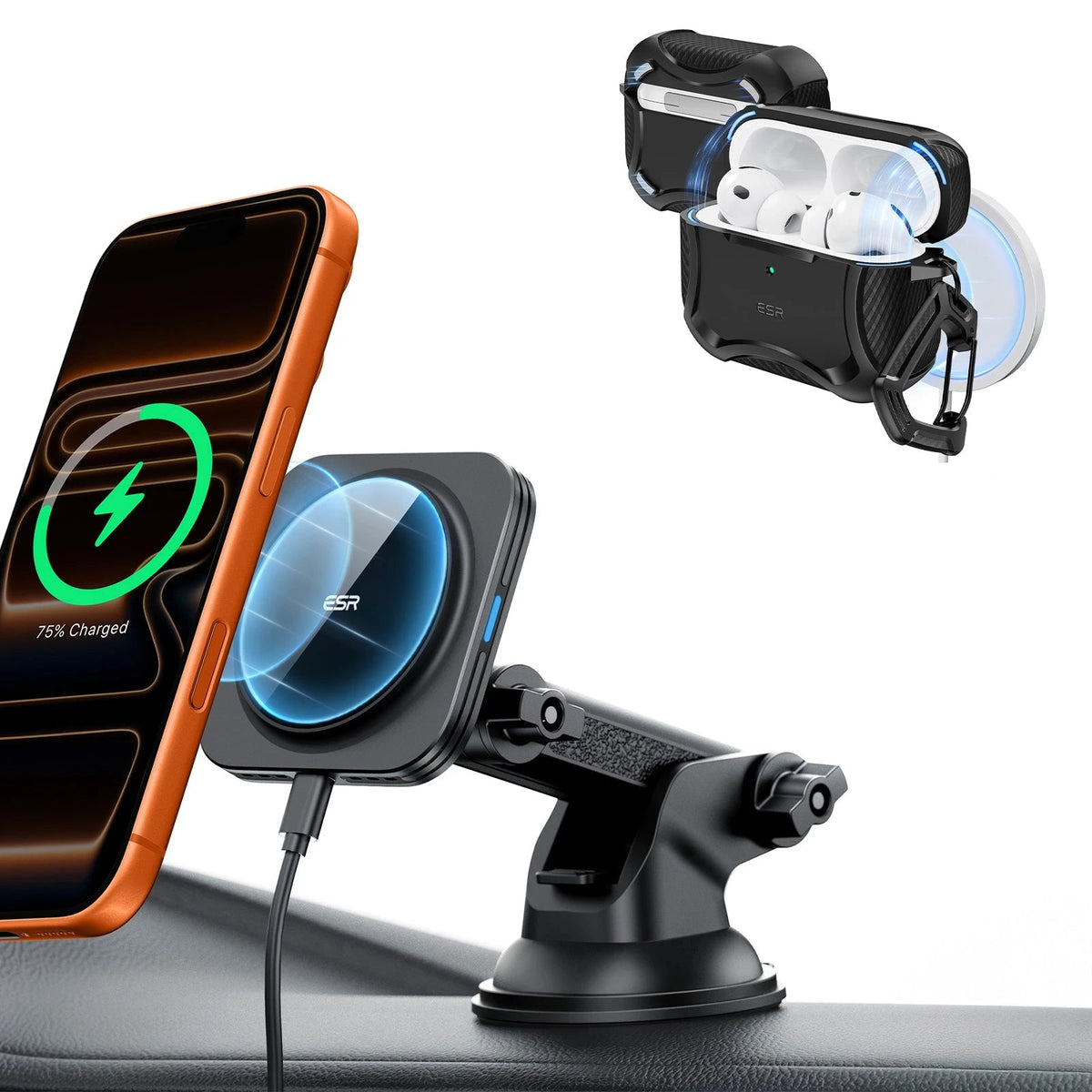 15W Dashboard Wireless Car Charger and AirPods Pro 3 Cyber Tough Case Bundle