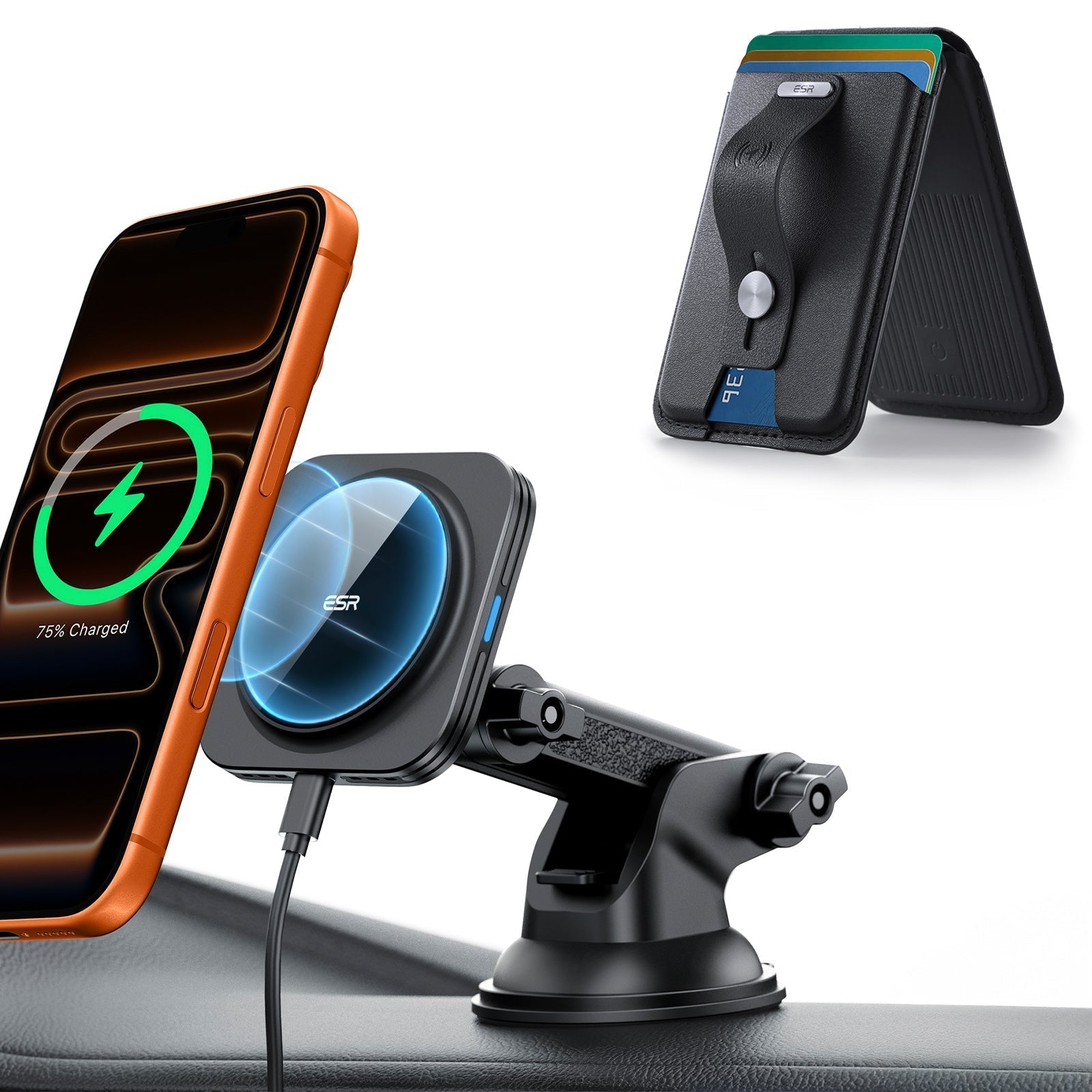 15W Dashboard Wireless Car Charger and Geo Wallet Stand Bundle-Black