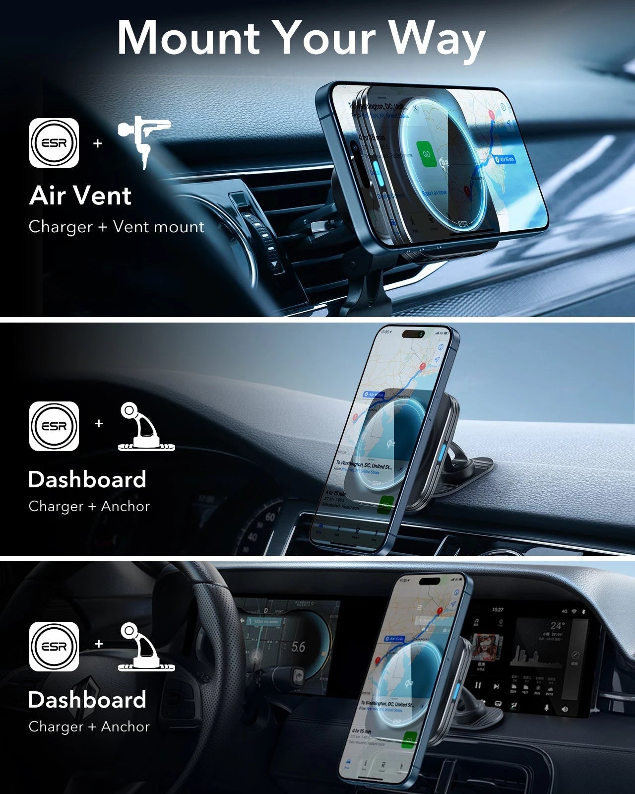 15W Magnetic Wireless Car Charger(Halolock) - Black ESR ESR