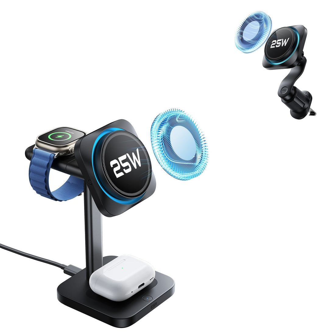 25W CryoBoost 3-in-1 Magnetic Charger (Qi2) and Car Charger (Air Vent)  Bundle - US Plug–Black