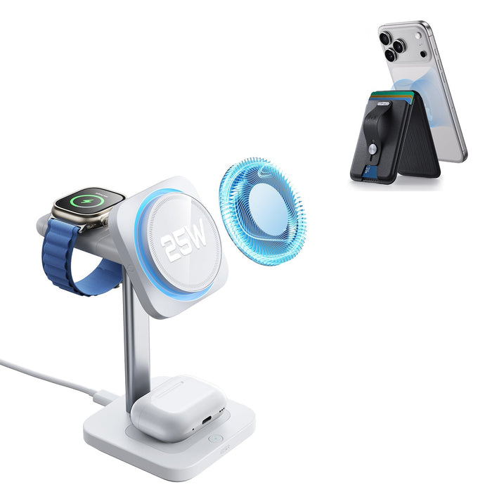 25W CryoBoost 3-in-1 Magnetic Charger (Qi2) and Wallet Stand Bundle - US Plug–White