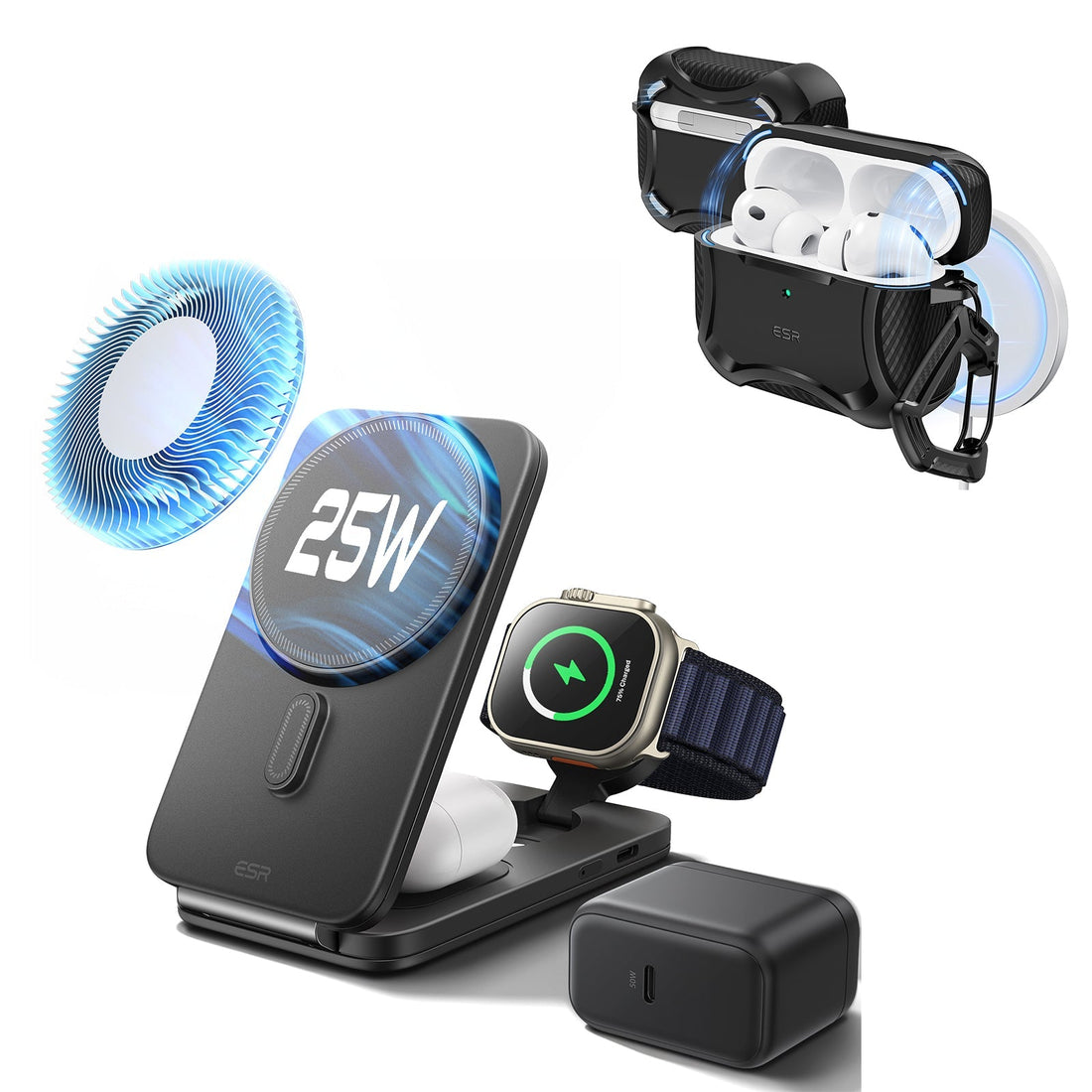 25W CryoBoost Foldable 3-in-1 Magnetic Charger & AirPods Pro 3 Cyber Tough Case Bundle – US Plug-Black ESR ESR