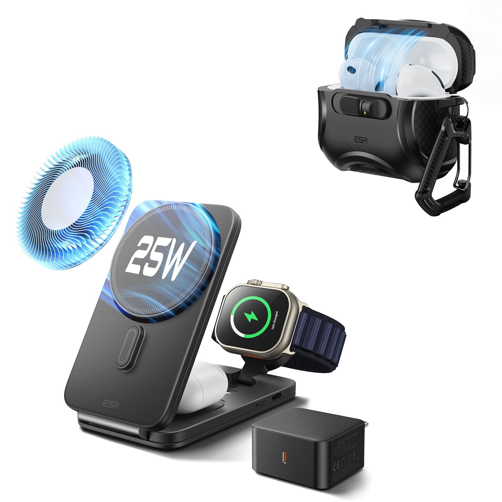 25W CryoBoost Foldable 3-in-1 Magnetic Charger and AirPods Pro 3 Cyber FlickLock Case Bundle– EU Plug-Black ESR ESR