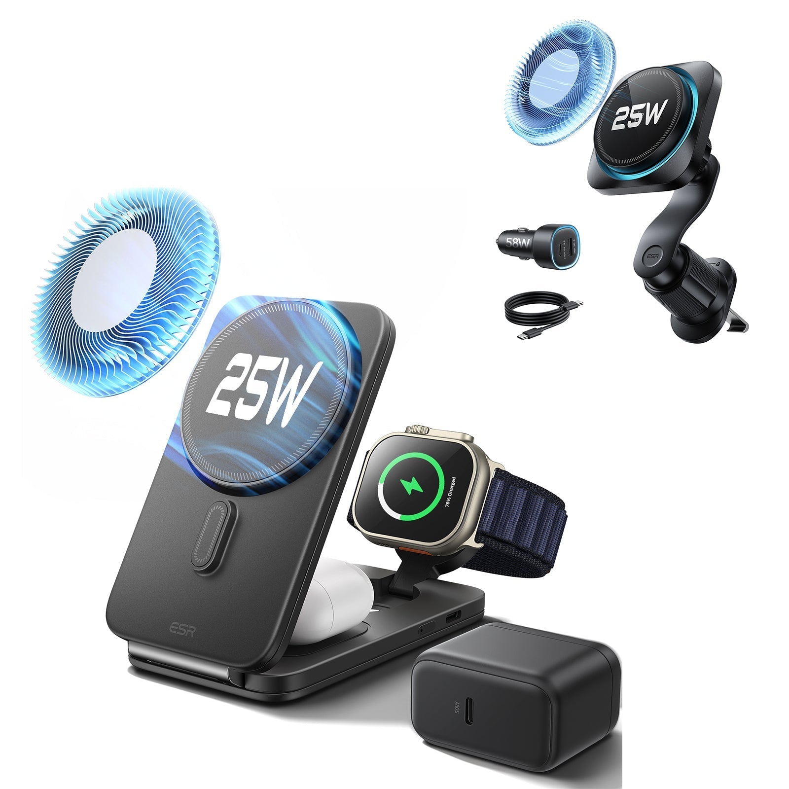 25W CryoBoost Foldable 3-in-1 Magnetic Charger and Car Charger (Air Vent)  Bundle– US Plug-Black ESR ESR