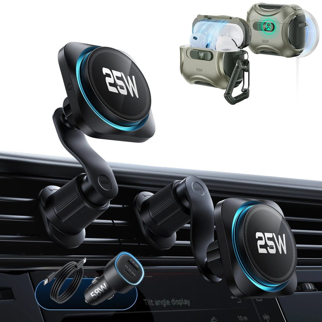25W CryoBoost Magnetic Car Charger and AirPods Pro 3 FlickLock Case Bundle - Black&Army Green