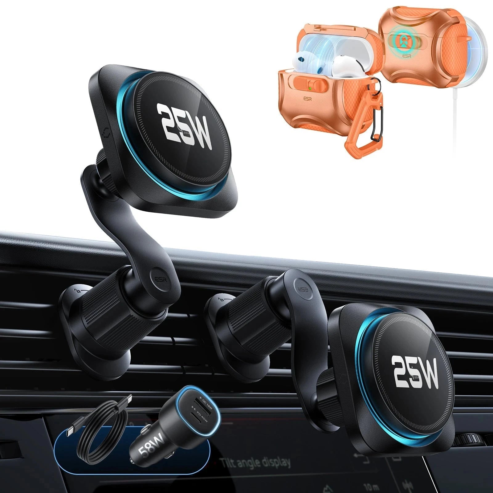 25W CryoBoost Magnetic Car Charger and AirPods Pro 3 FlickLock Case Bundle - Black&Orange