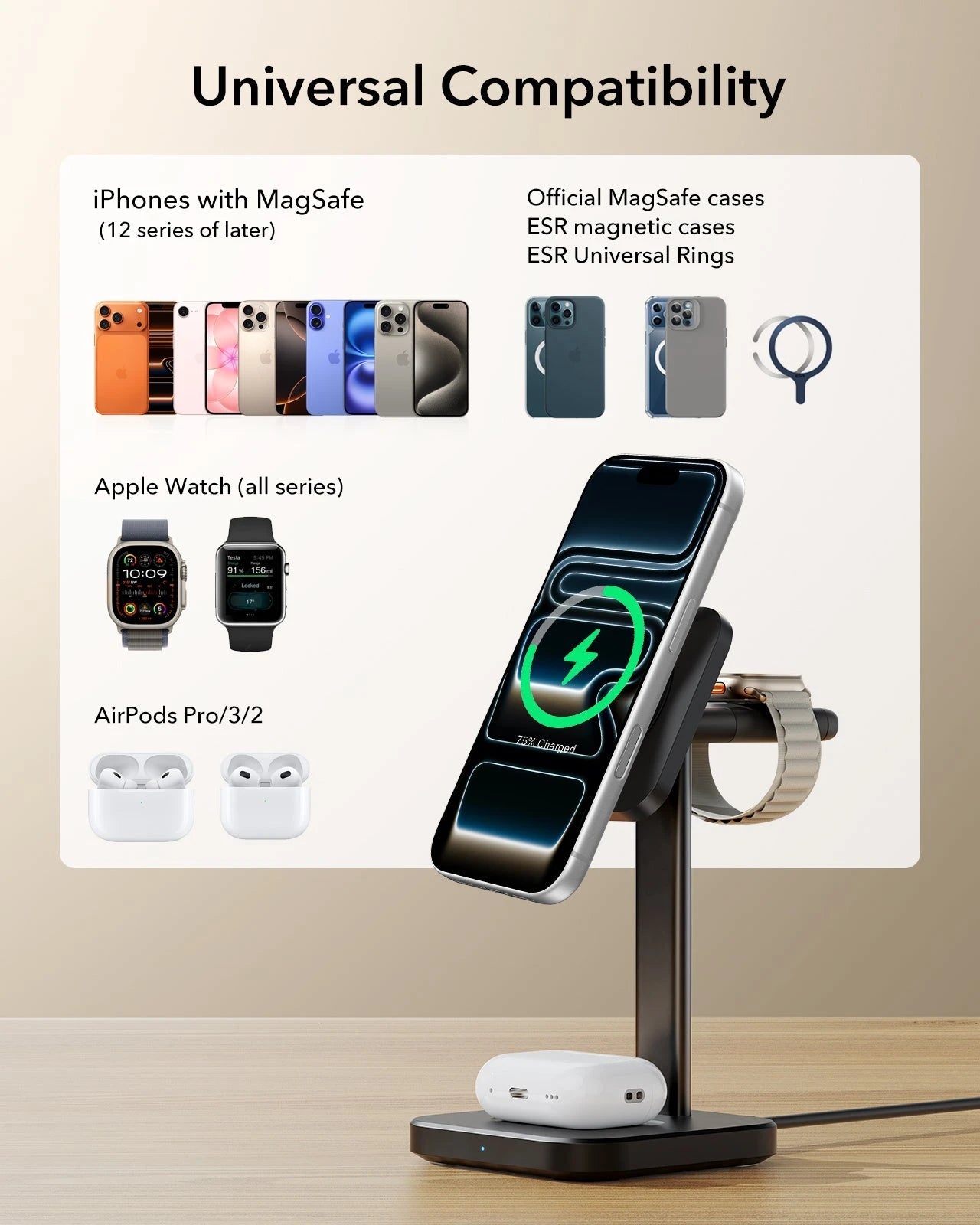 3-in-1 Magnetic Charging Station (15W) - Black - US PLUG
