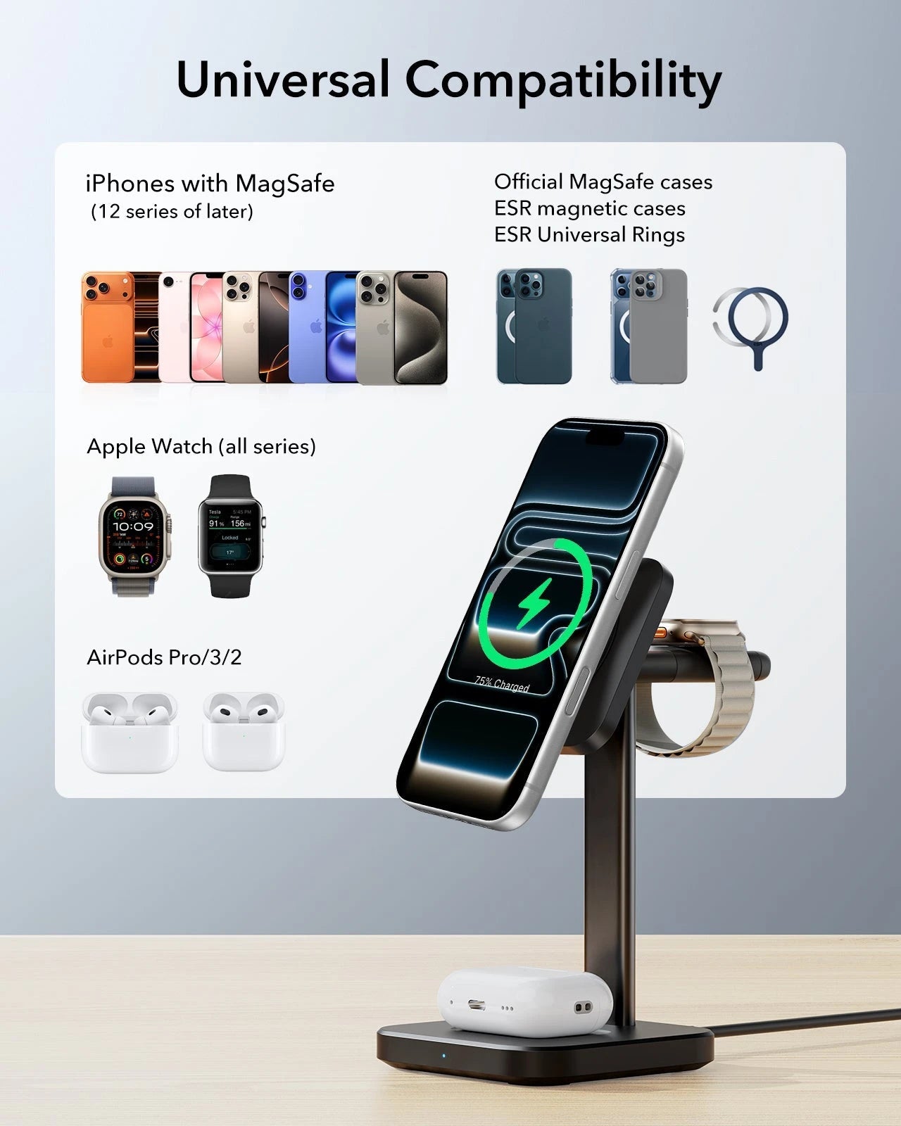 3-in-1 Watch Wireless Charging Set (HaloLock) - Black - US-Plug