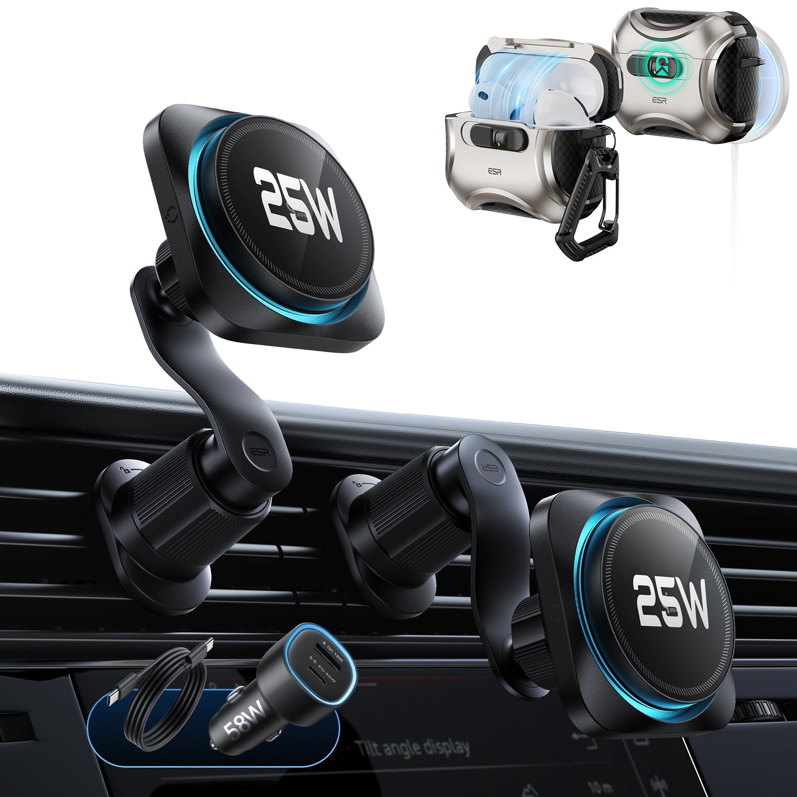 25W CryoBoost Magnetic Car Charger and AirPods Pro 3 FlickLock Case Bundle - Black&Titanium