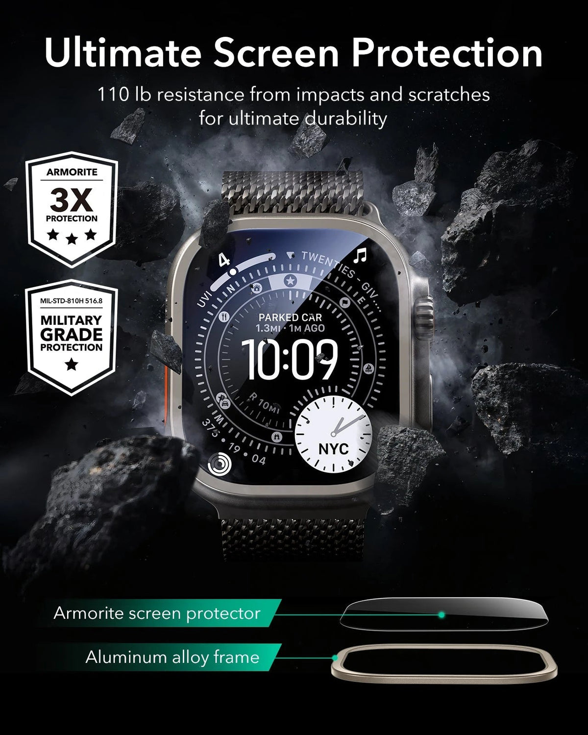 Apple Watch Ultra 4 Armorite Screen Protector (Bezel) - Titanium / Black ESR ESR