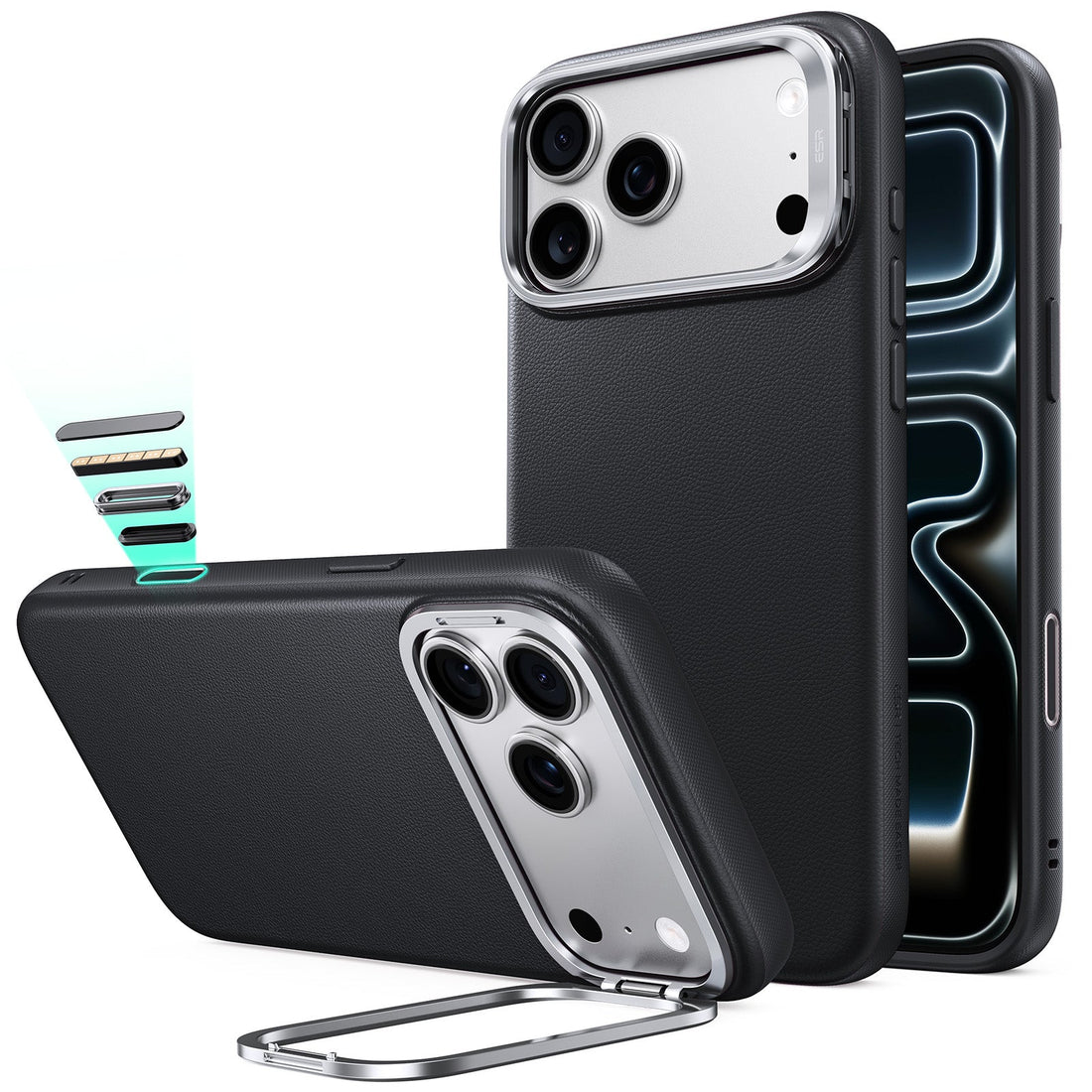 Black Leather iPhone 18 Pro Max Magsafe Case with Stand