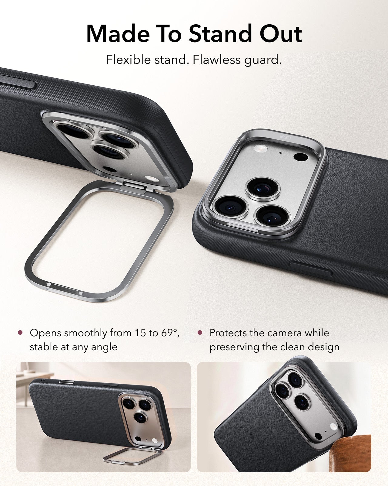 Black Leather iPhone 17 Pro Magsafe Case with Stand Made To Stand Out