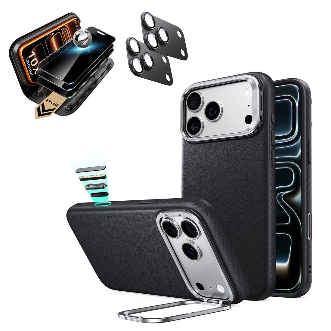 Black Vegan Leather iPhone 18 Pro Magsafe Phone Case with Stand pair corning glass privacy screen protector and camera lens protector