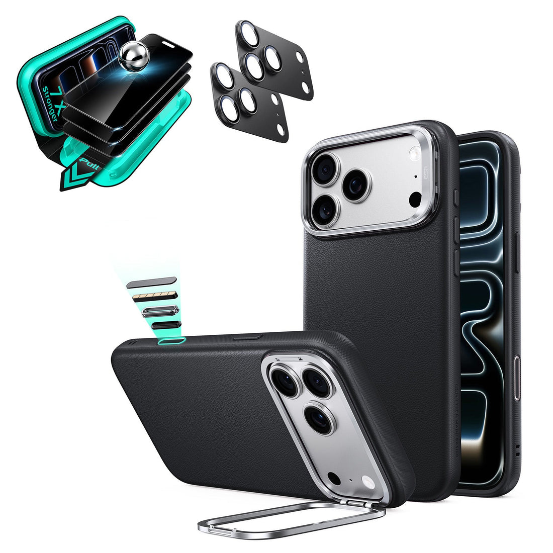 Black Vegan Leather iPhone 18 Pro Magsafe Phone Case with Stand pair tempered glass privacy screen protector and camera lens protector