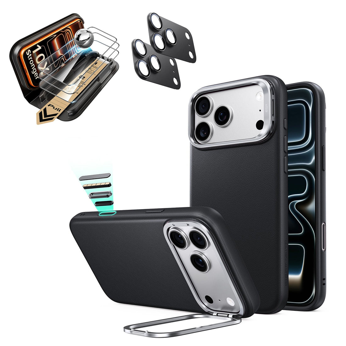 Black Vegan Leather iPhone 18 Pro Max Magsafe Phone Case with Stand pair corning glass  screen protector and camera lens protector