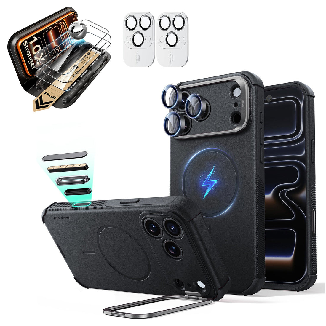 Black iPhone 18 Pro Cyebr Tough Magsafe Phone Case with Stand pair corning glass  screen protector and camera lens protector