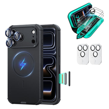 Black iPhone 18 Pro Cyber Tough Magsafe Case  with armorite tempered glass screen protector and camera lens protector