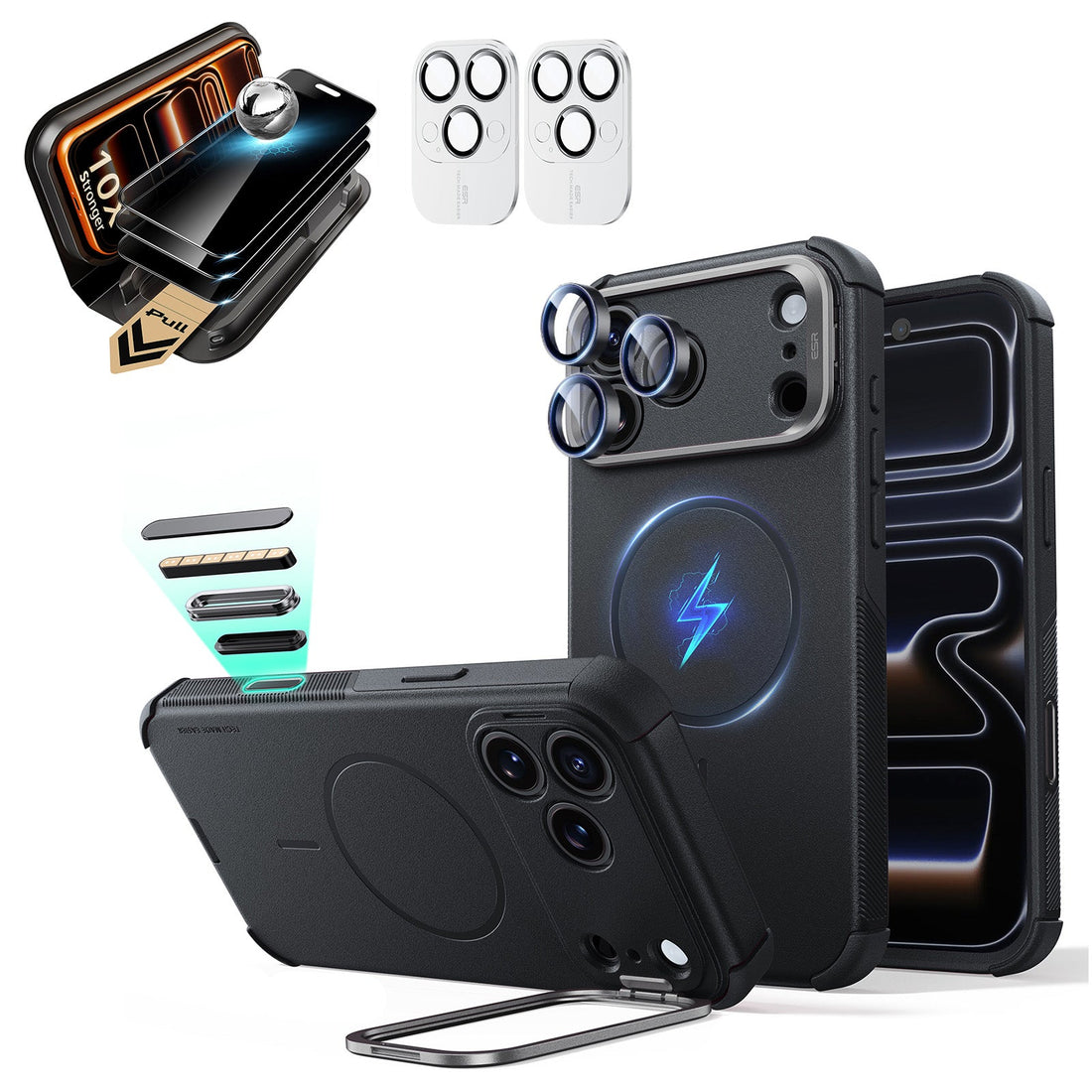 Black iPhone 18 Pro Cyebr Tough Magsafe Phone Case with Stand pair corning glass privacy screen protector and camera lens protector