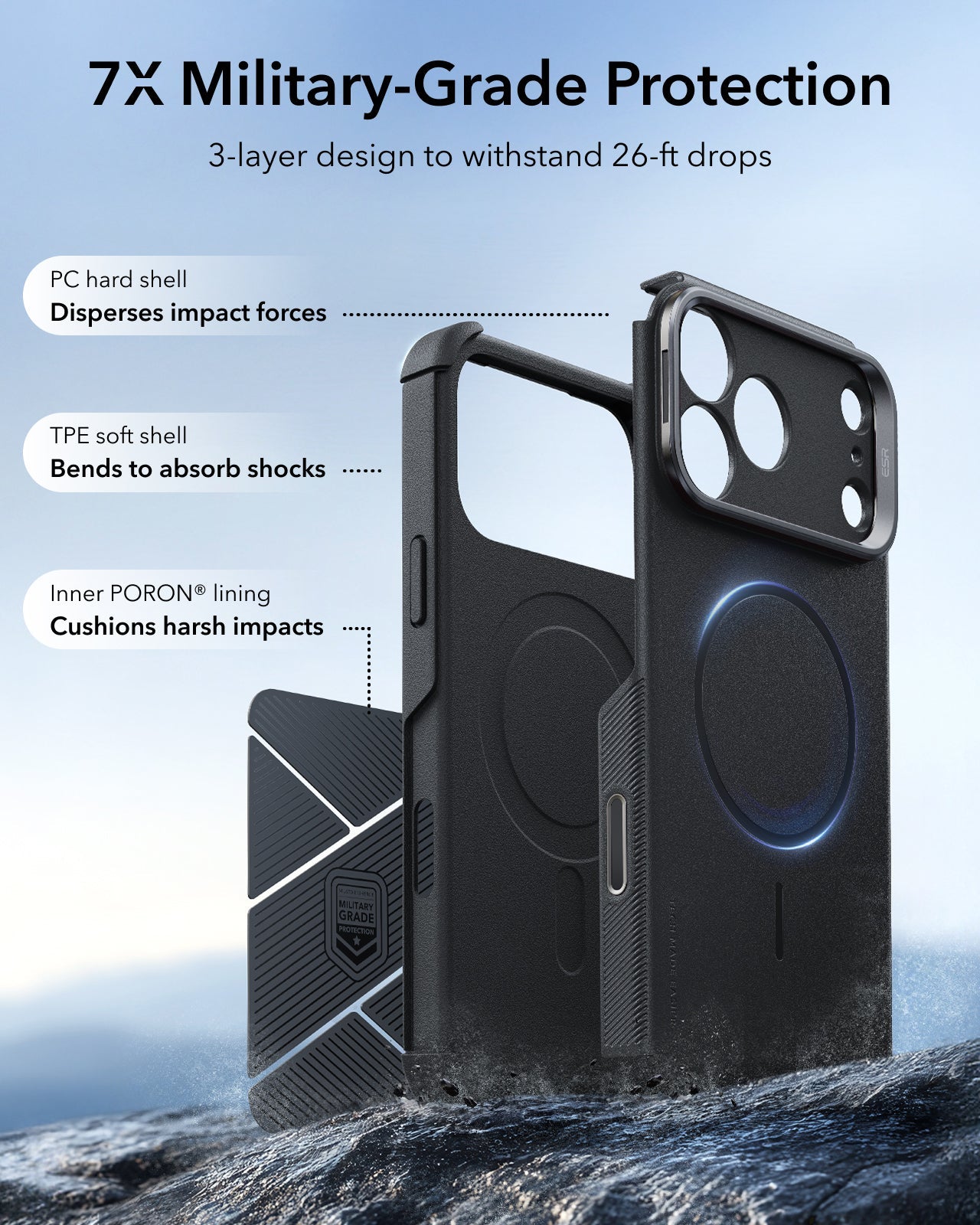 ESR Black iPhone 18 Pro Tough Phone Case Magsafe with Stand 7X Military-Grade Protection