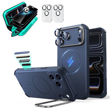 Blue iPhone 18 Pro Cyebr Tough Magsafe Phone Case with Stand pair tempered glass privacy screen protector and camera lens protector