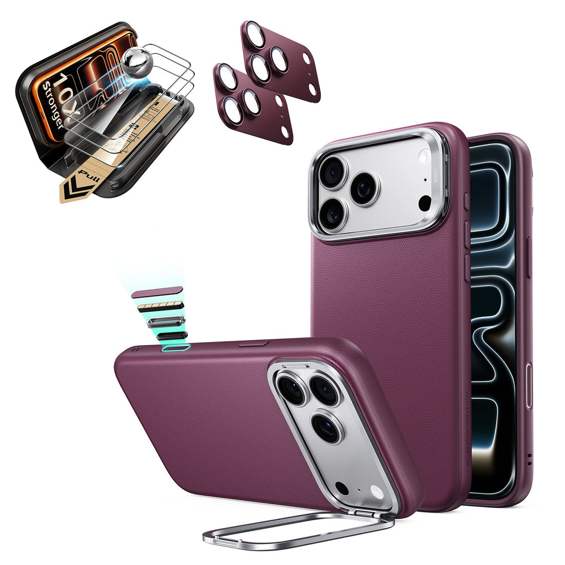 Burgundy iPhone 18 Pro Max Magsafe Phone Case with Stand pair tempered glass screen protector and camera lens protector