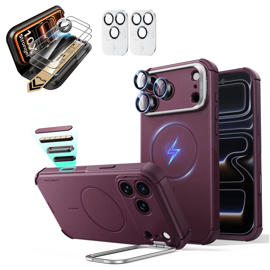 Burgundy iPhone 18 Pro Cyebr Tough Magsafe Phone Case with Stand pair corning glass  screen protector and camera lens protector