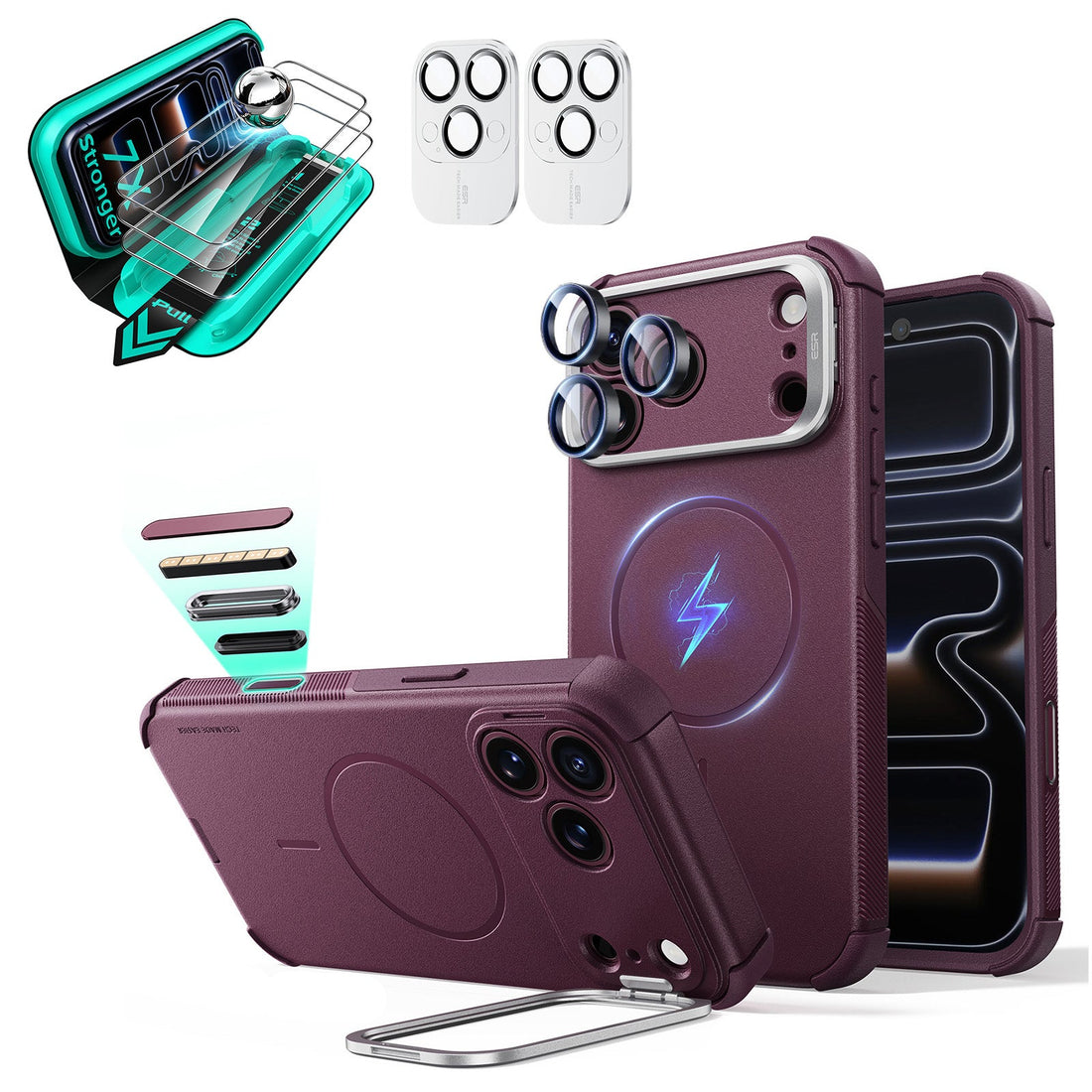 Burgundy iPhone 18 Pro Cyebr Tough Magsafe Phone Case with Stand pair tempered glass screen protector and camera lens protector