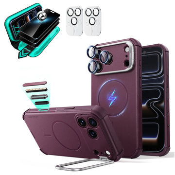Burgundy iPhone 18 Pro Max Cyebr Tough Magsafe Phone Case with Stand pair tempered glass privacy screen protector and camera lens protector