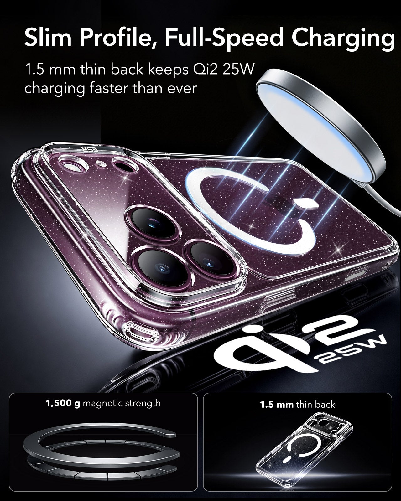 ESR Clear Shimmer iPhone 18 Pro Magsafe Slim Phone Case Slim Profile, Full-Speed Charging